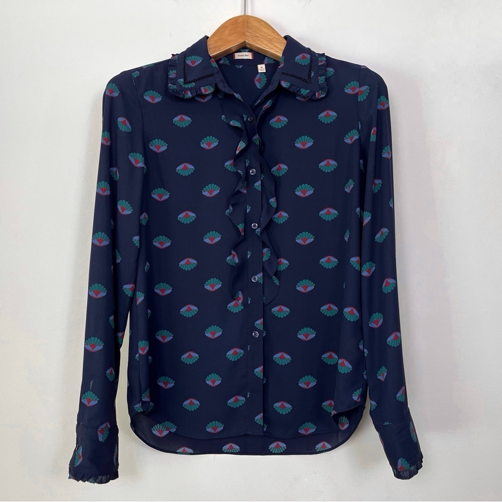 Sunday Best Navy Blue Button Down Shirt Ruffle Feminine Blouse‎ Size Medium